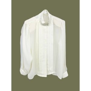 Womens Off White Pleated Polyester Long Sleeve Blouse Round Neck